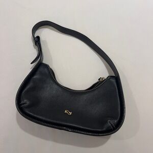 Yuzefi Black‎ Leather Crescent Shoulder Bag with White Topstitching Gold Logo